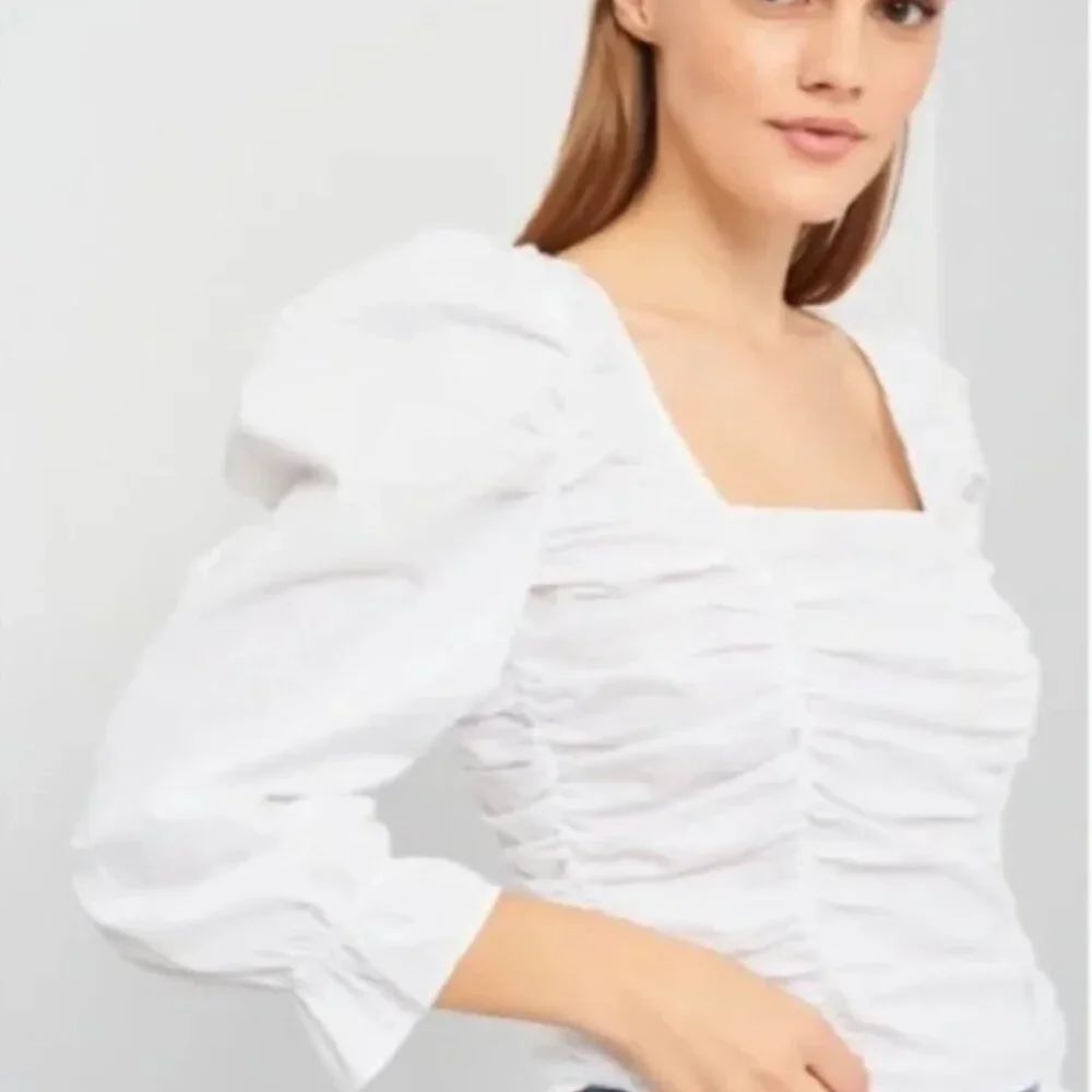 ZARA White Square Neck Puff Sleeve Smocked Poplin Top Large
